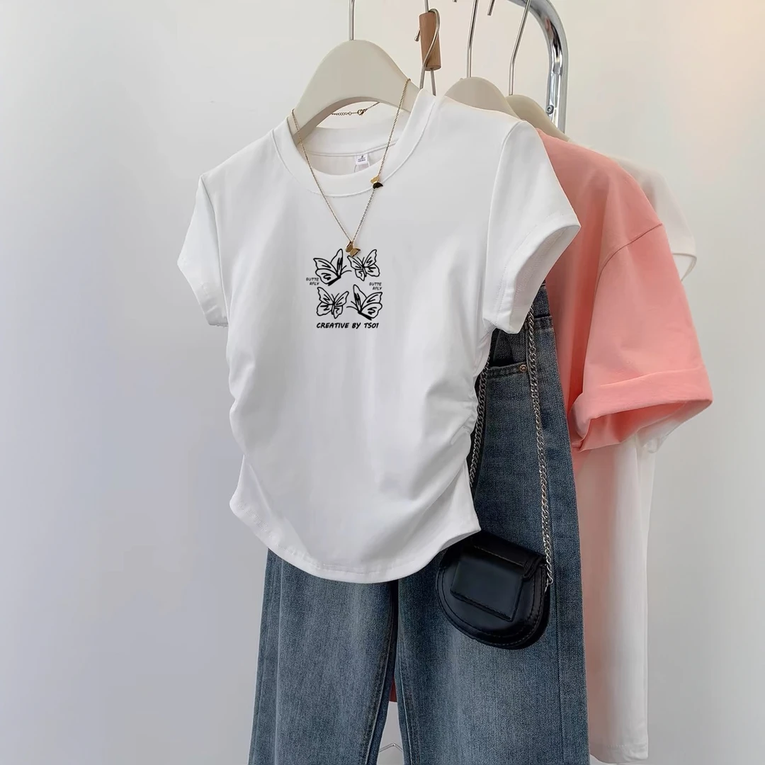 t恤设计款2025夏季火爆新款正肩T恤短袖女装上衣圆领短款休闲辣妹