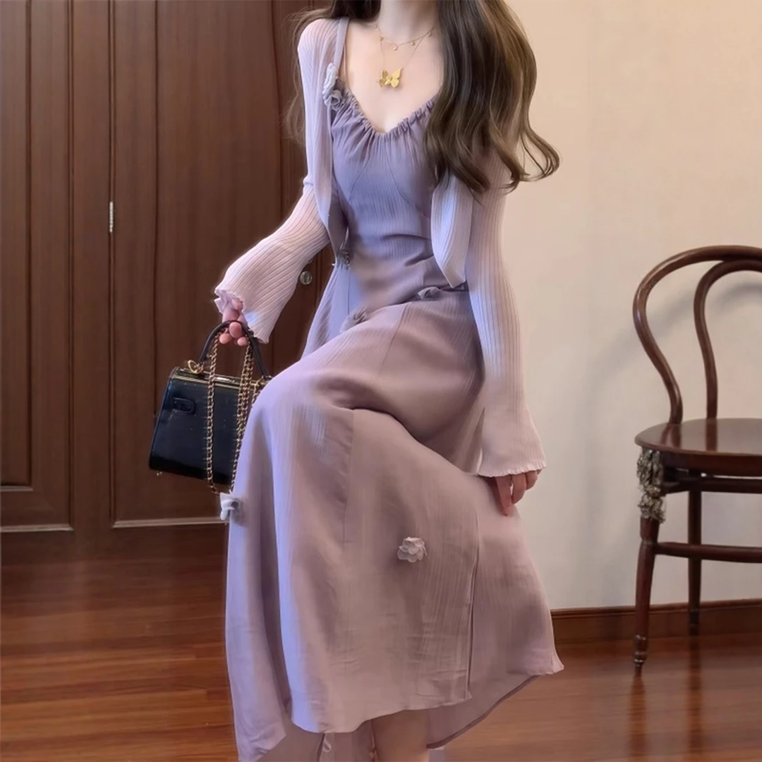2025夏季新款穿搭防晒开衫吊带裙套装优雅气质收腰显瘦紫色连衣裙