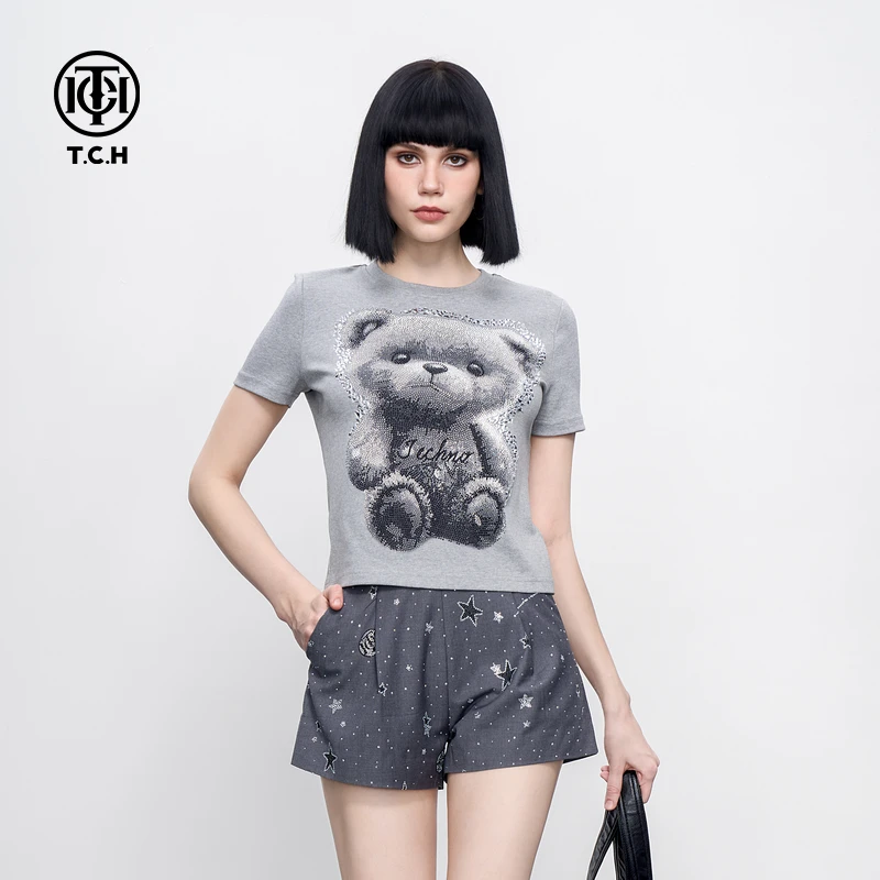 TCH服饰店-潮牌小熊烫钻短款修身显瘦正肩短袖T恤女T75B106087A