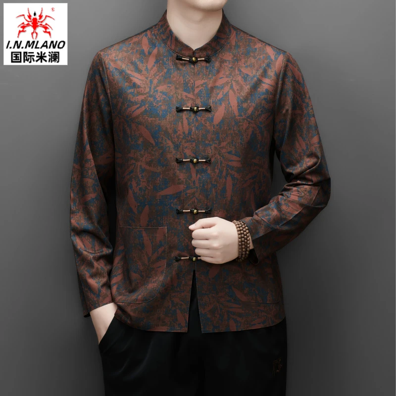 唐装男中式复古暗花盘扣衬衫中国风男装中年秋季宽松长袖衬衣外套