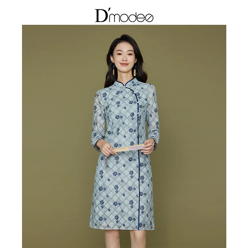 黛玛诗显瘦花裙子春秋新款新中式优雅蕾丝旗袍裙长袖连衣裙女