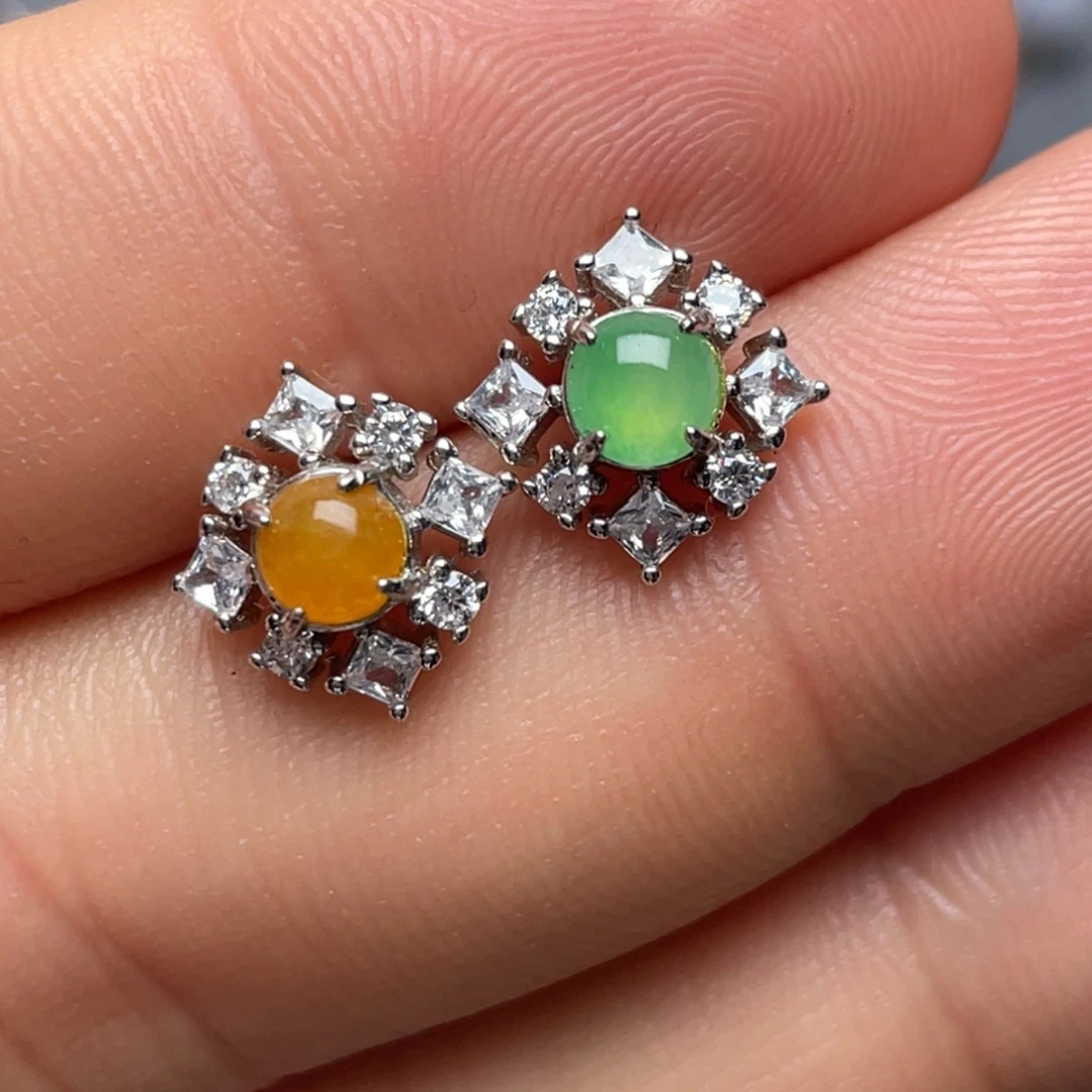 翡翠银S925镶嵌耳饰纯天然缅甸翡翠A货