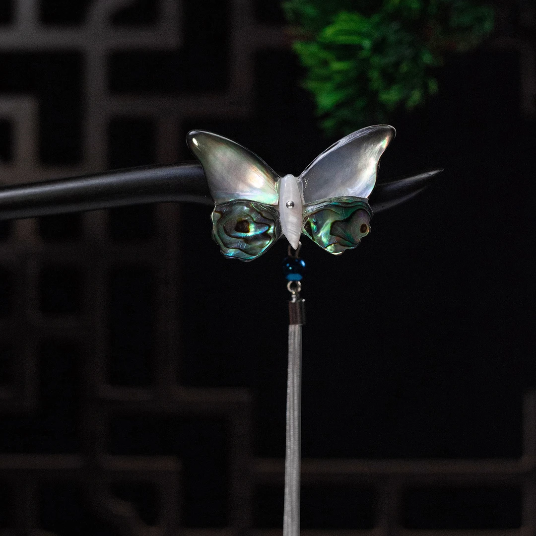 黑檀天然蝶贝手工簪子复古发饰古风简约步摇百搭日常古典民族风