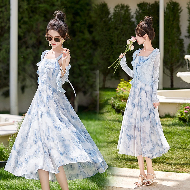 时尚碎花雪纺连衣裙套装女2025夏季新款洋气针织小衫吊带裙两件套