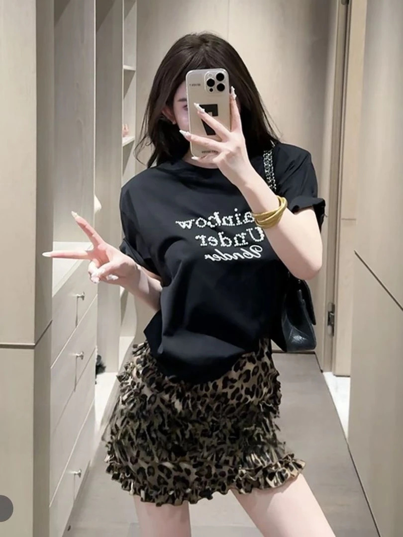 夏日泡泡糖夏季韩版烫钻珍珠字母上衣显瘦t恤豹纹短裙网红两件套