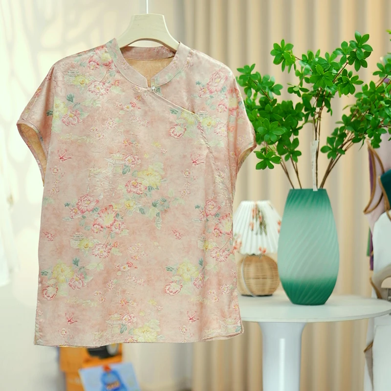 夏季新款上衣小衫新中式女装国风立领提花短袖衬衫