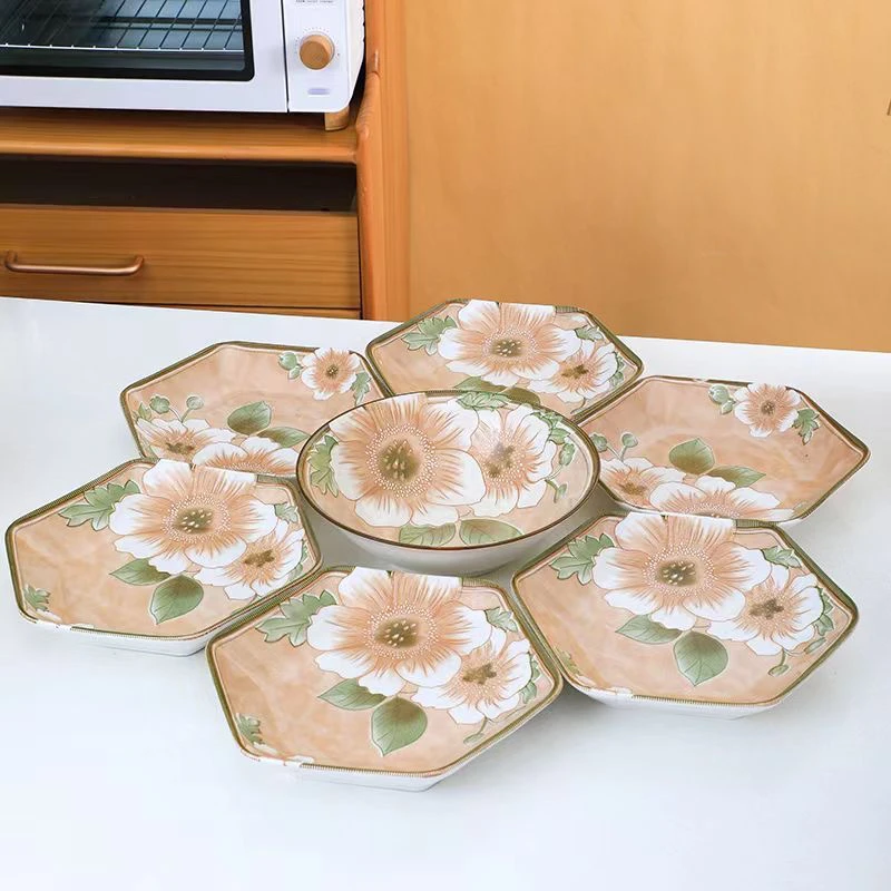 山茶花7件套拼盘6只六角盘+送8英寸斗碗1只陶瓷家用套装