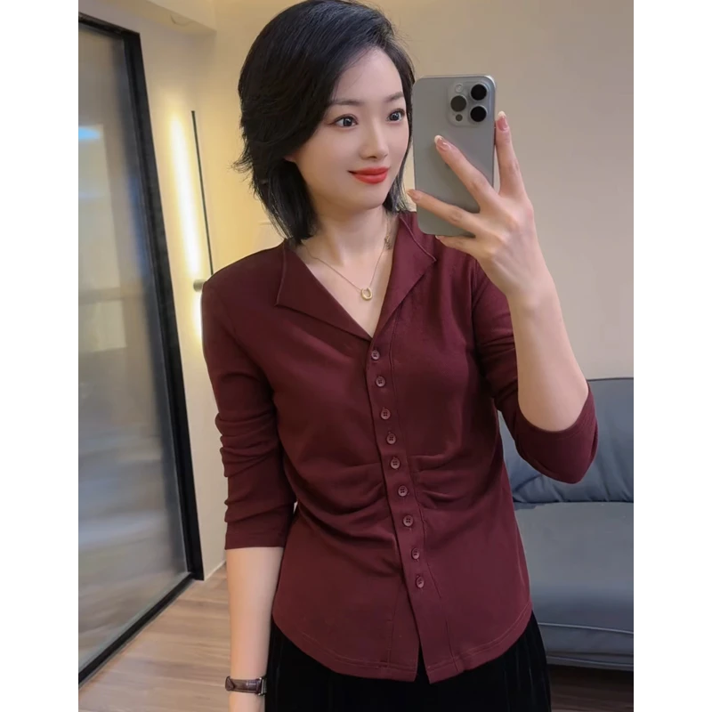 设计感翻领褶皱T恤女秋季新款百搭小衫修身显瘦百搭长袖上衣25170