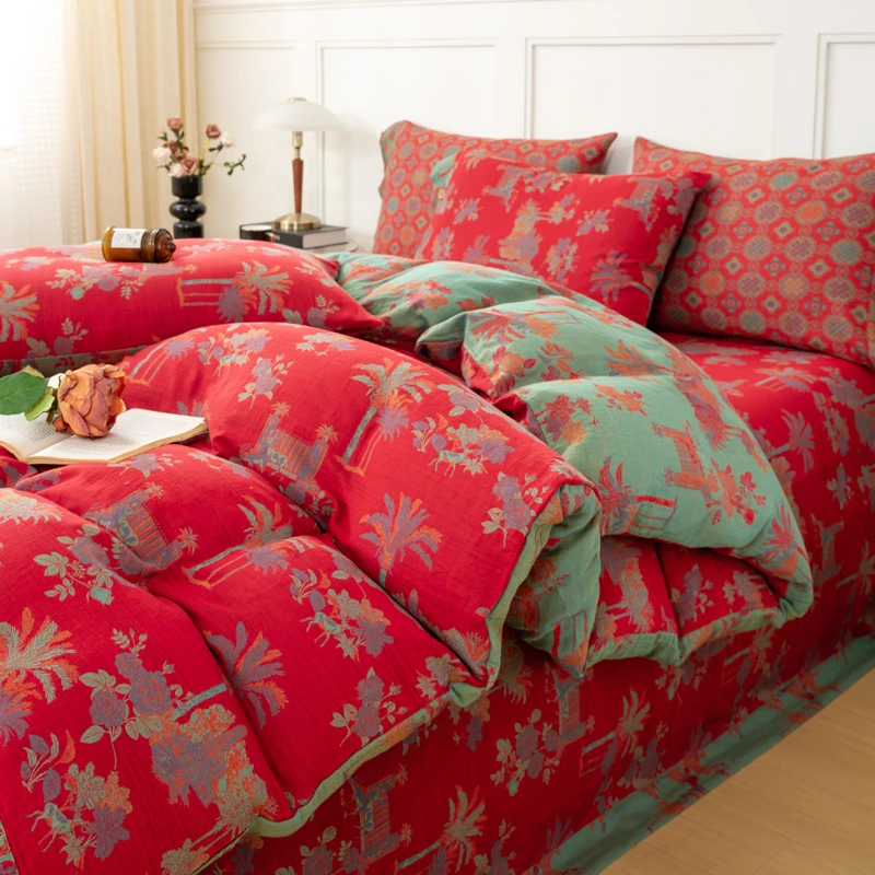 【夏威夷-胭脂红】全棉双层纱被套四件套轻奢四季柔软舒适透气保暖A