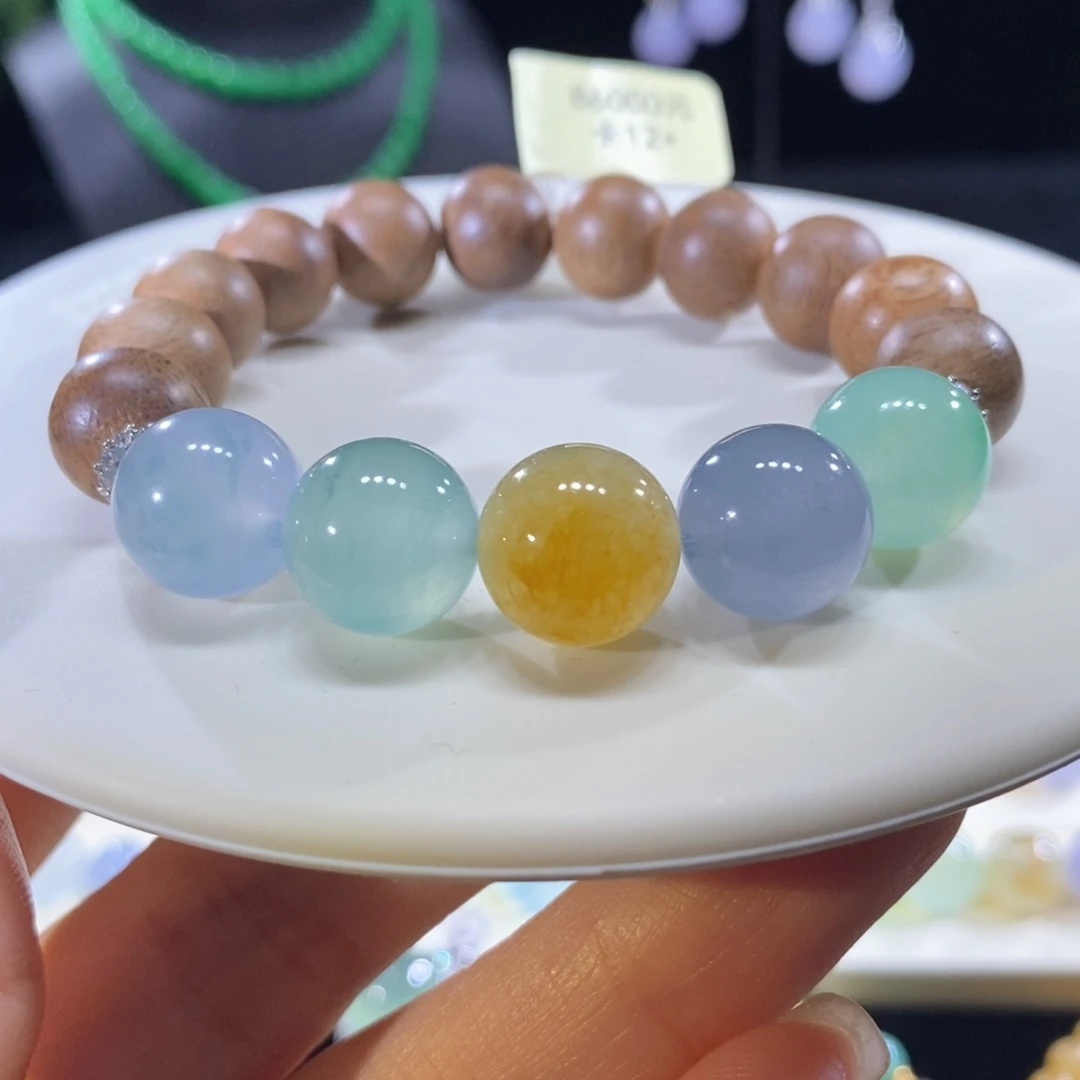 翡翠未镶嵌颈饰翡翠高冰五彩圆珠手串12+mm