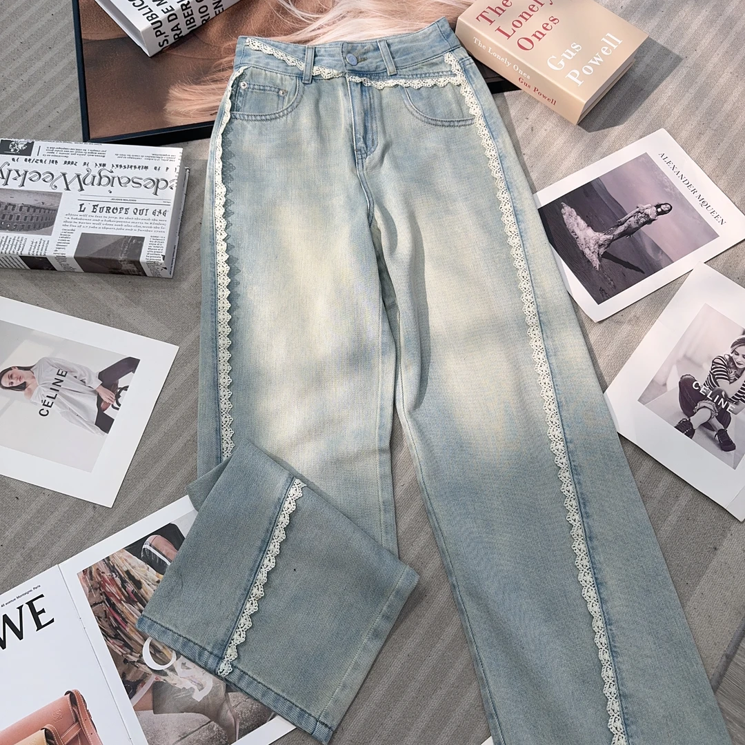 【晓溪服饰】春季蕾丝高腰牛仔裤休闲百搭宽松o显瘦直筒裤女6033