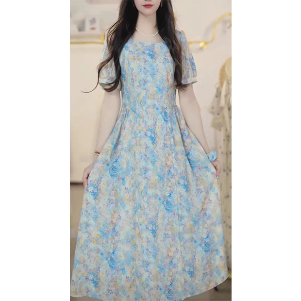 L5429夏季新时尚百搭气质法式碎花短袖连衣裙洋气收腰显瘦中长裙