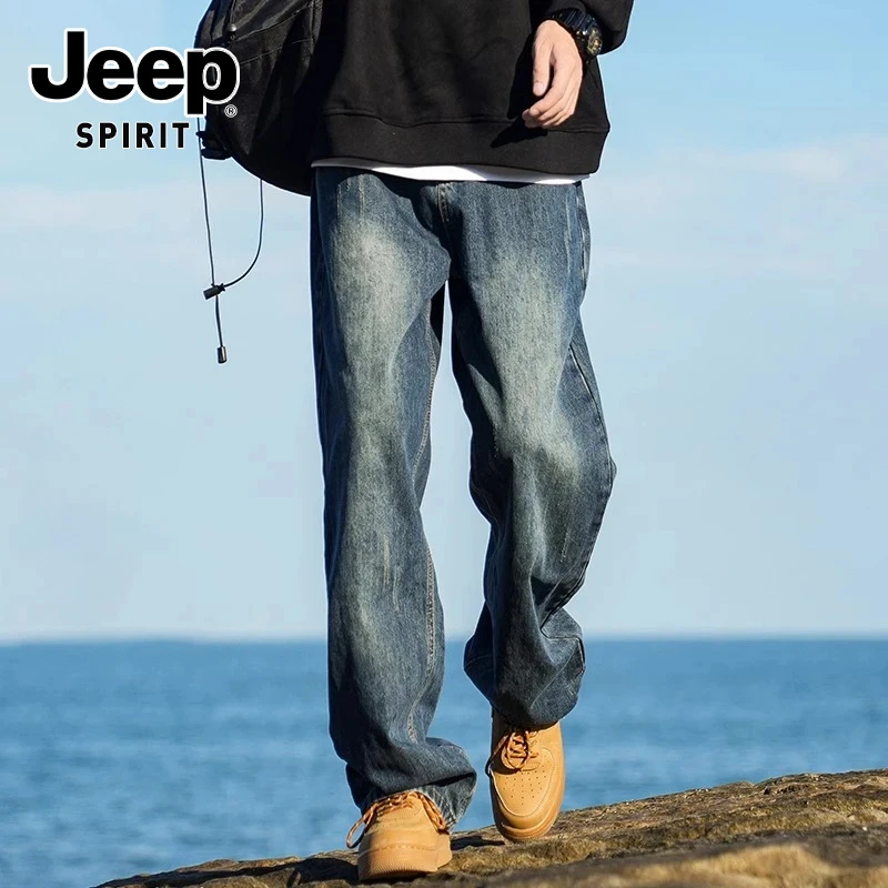 JEEPSPIRIT吉普男士阔腿牛仔裤男款潮牌男裤宽松秋季直筒长裤子男