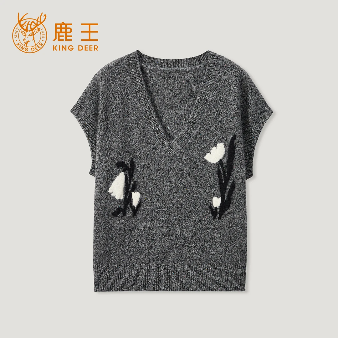 King Deer/鹿王“芙蓉并蒂 ”V领修身型时尚百搭羊绒衫L805549
