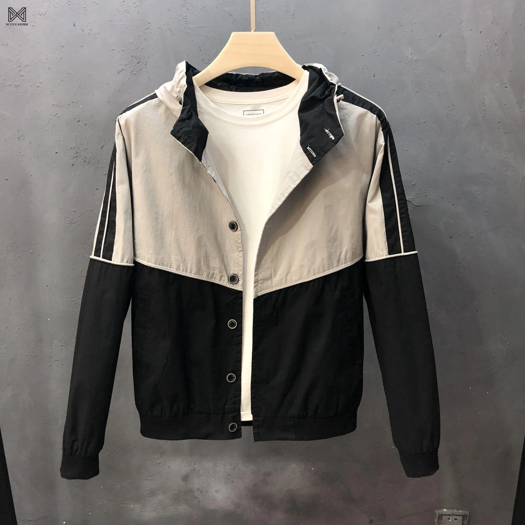 MODEK KODEK新连帽男外套潮流修身个性拼色纽扣夹克上衣工装休闲
