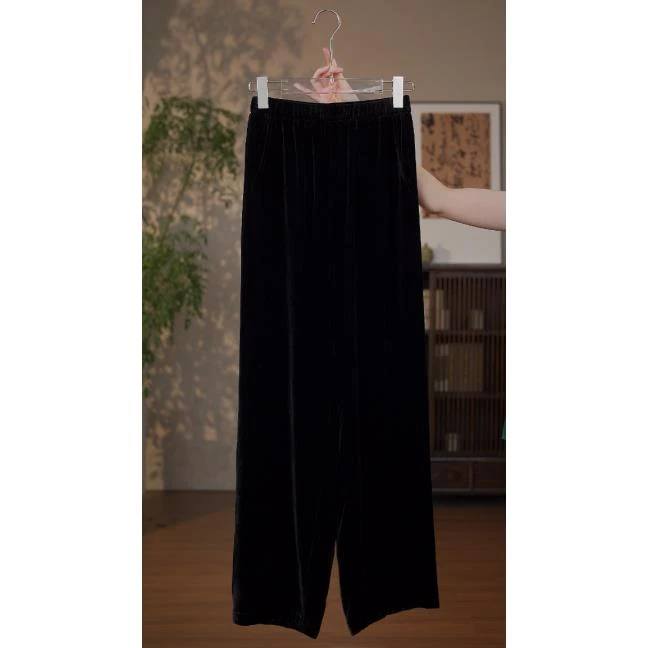 GONG QUE 新中式早秋新款真丝丝绒百搭休闲裤子 241764