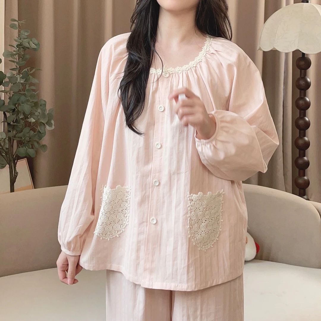 【6028浅桃】春秋季甜美长袖纯棉可外穿公主家居服睡衣宽松睡衣