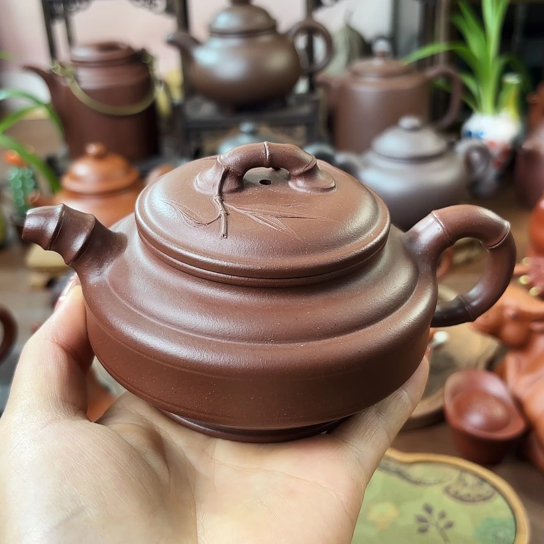 茶壶紫砂双线竹鼓紫泥210cc