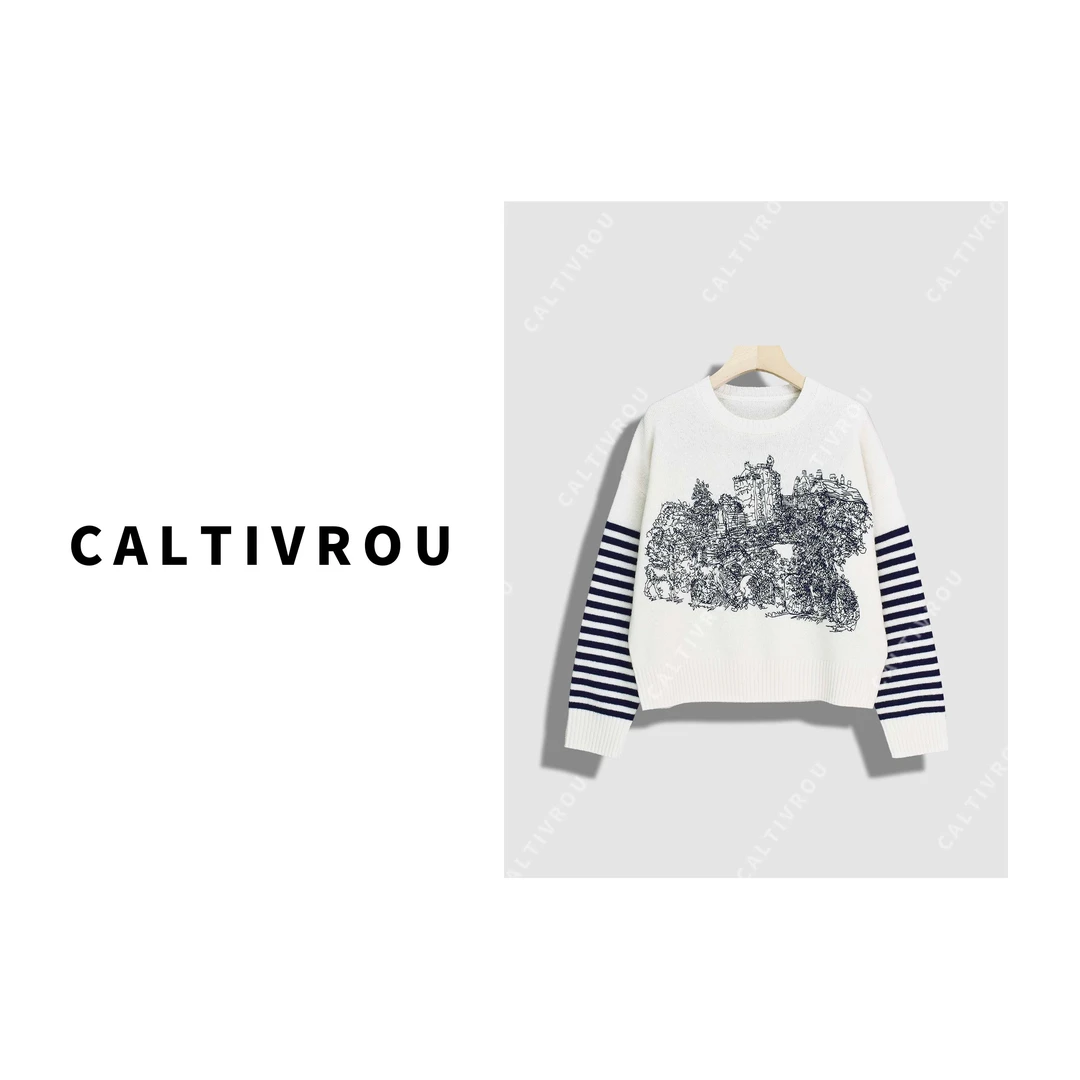 重工绣花条纹宽松百搭圆领针织衫-Y19260