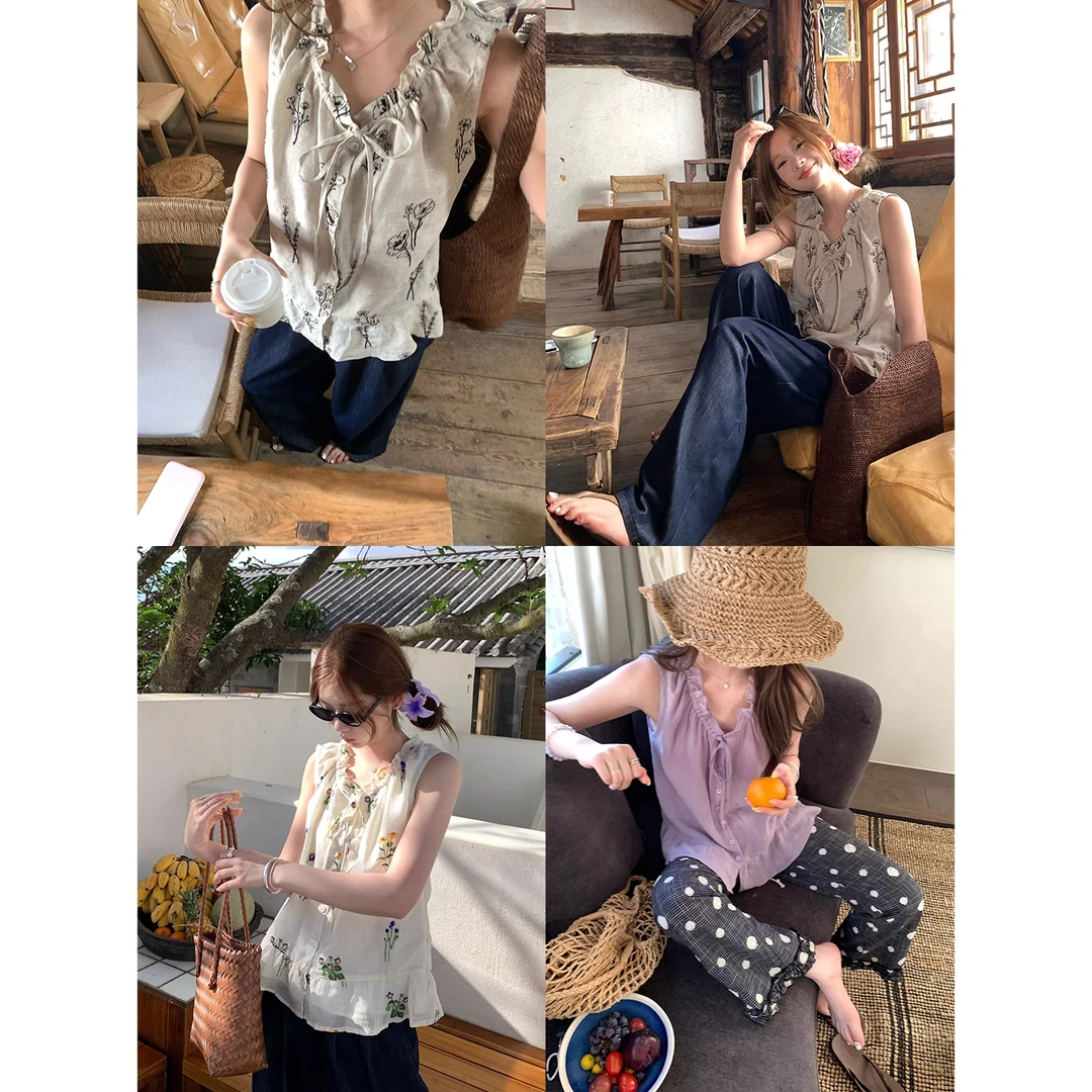 法式气质独特绝美木耳边刺绣小衫女夏季新款露肩无袖吊带背心上衣