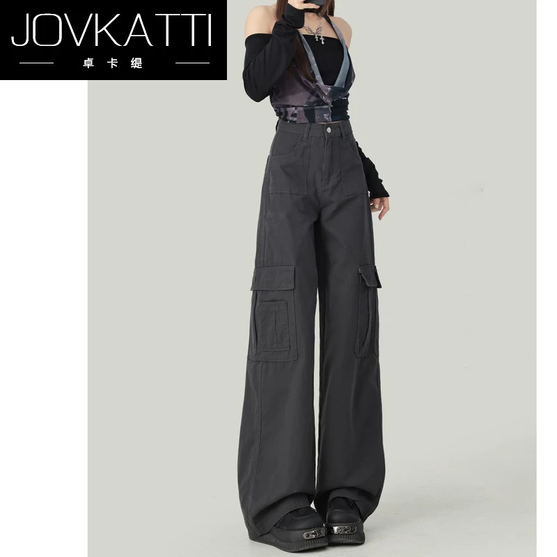 水泥灰加绒工装裤女2025秋冬直筒街头显瘦牛仔阔腿神裤子