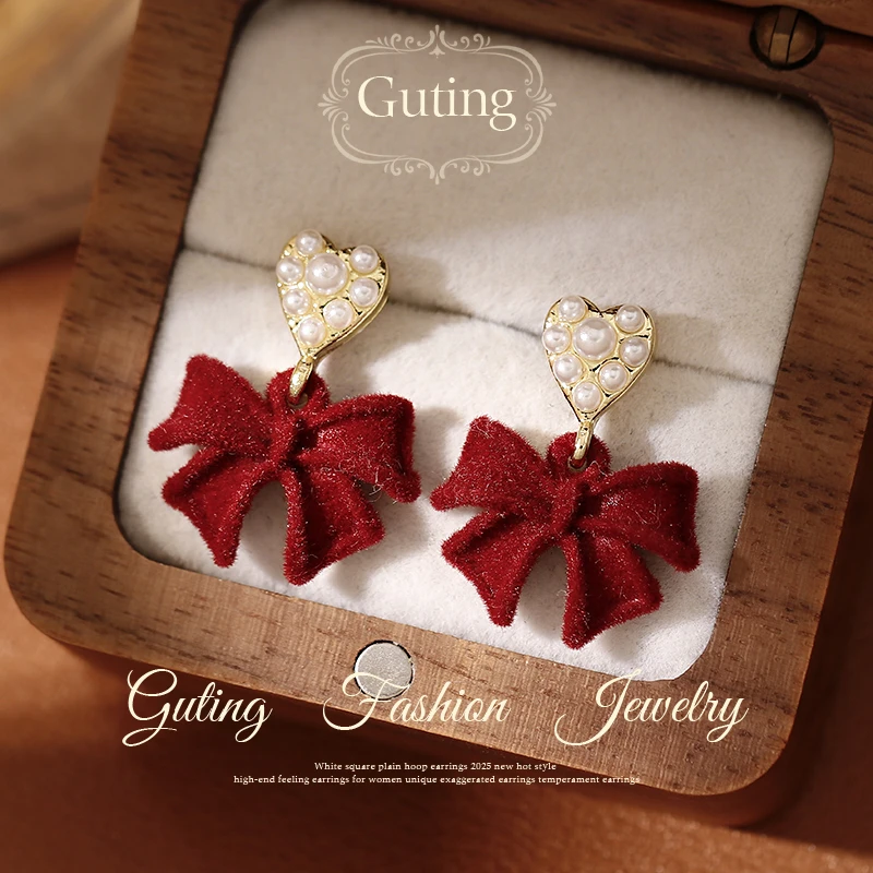 铜合金耳饰 23586爱心红色丝绒蝴蝶结耳坠耳环女高级感耳饰耳钉