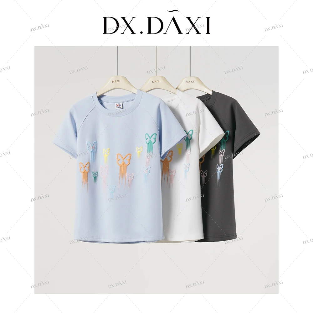 DX.DAXI【元氧少女】彩虹蝴蝶圆领T恤803