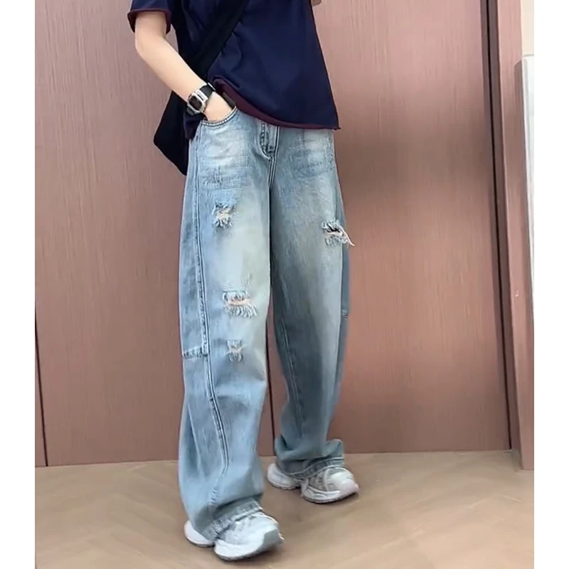 弯刀牛仔裤女破洞阔腿裤夏大码香蕉裤梨型身材高腰显瘦直筒拖地裤