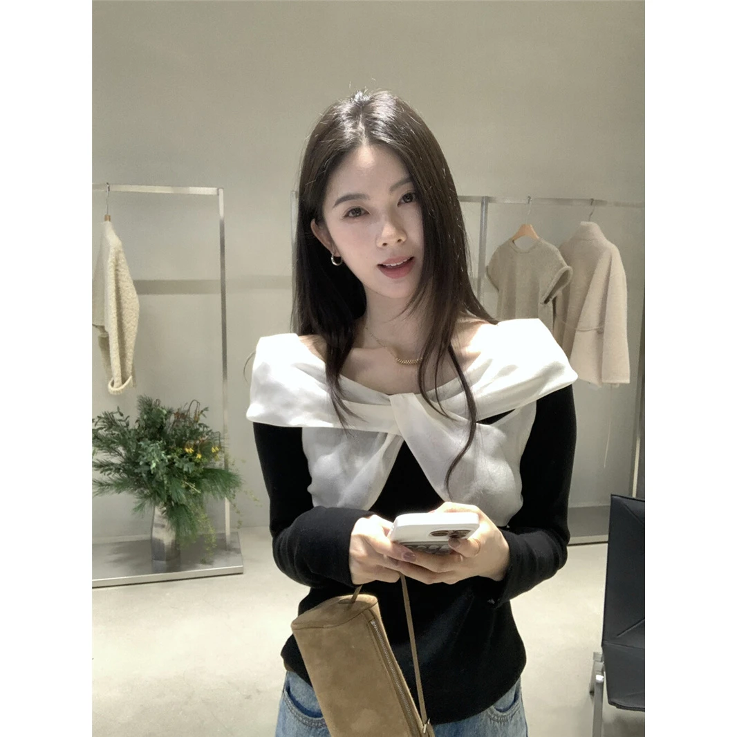 长袖短款法式小众圣诞氛围感拼纱蝴蝶结薄绒小衫撞色丝绒上衣T恤