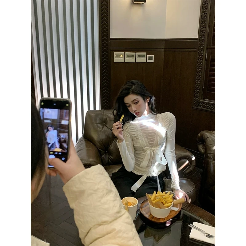 芭比姨【白月皎洁】 性感拼网纱深v领绑带蝴蝶结上衣套装针织气质