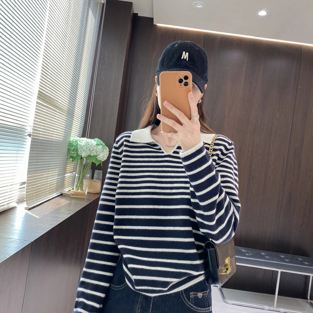 IMFLY金小金自制女装 针织衫DYW9951秋季韩系V领条纹套头针织上衣