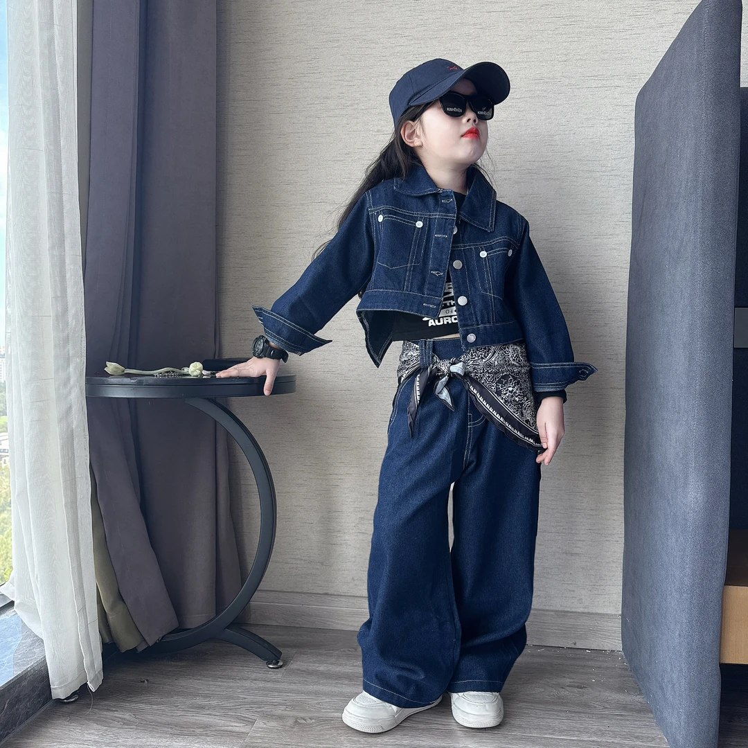 女童春秋季韩版复古设计感开叉牛仔外套阔腿裤套装女孩新款两件套