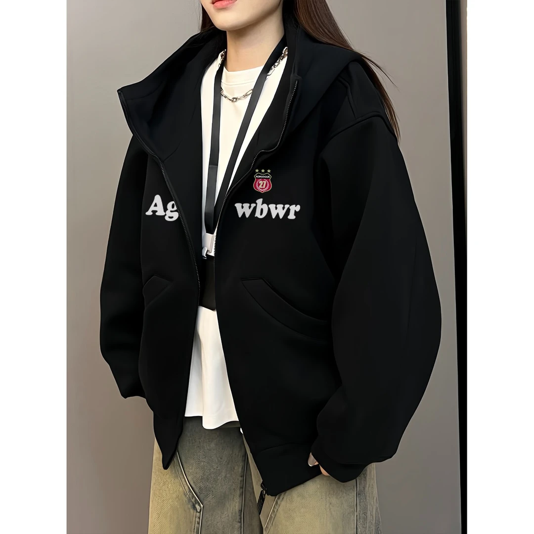 美式ins风盾牌字母印花高领开衫连帽卫衣男女秋冬季休闲拉链外套