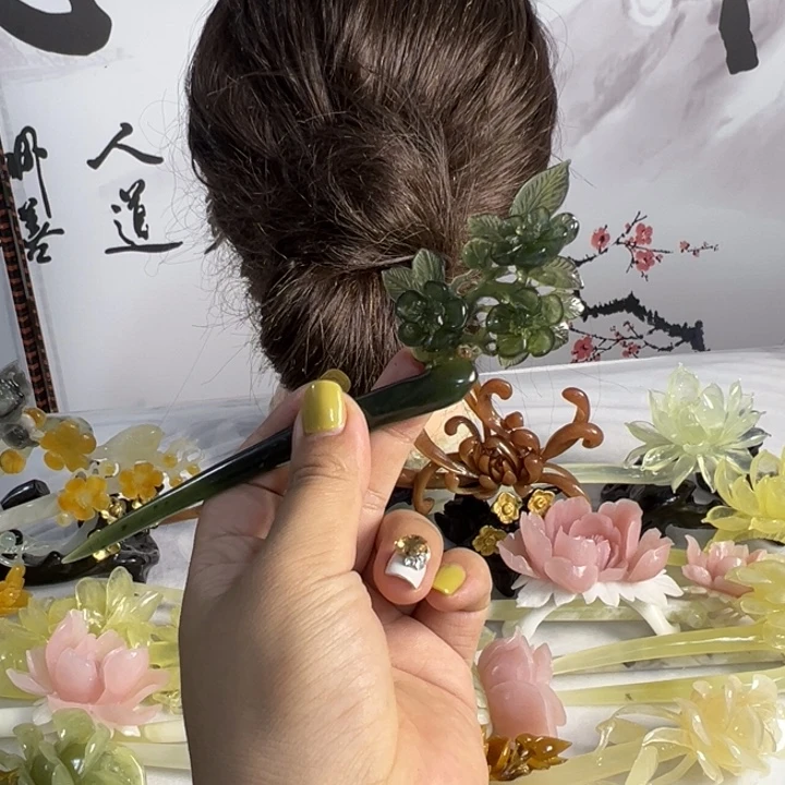 绿***海定制蛇纹石玉毛货发饰