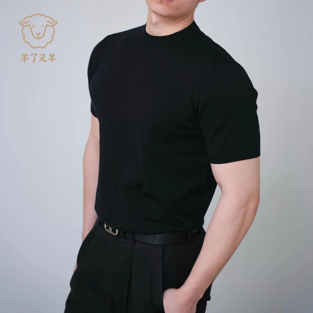 Premium Cotton纯棉纱针织修身男士短袖T恤60支经典提花圆领打底