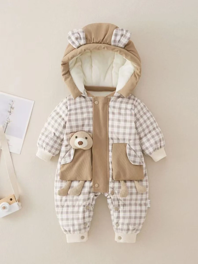 卡通风冬季韩版男长袖宝宝婴幼儿羽绒加厚爬服秋冬婴儿格子