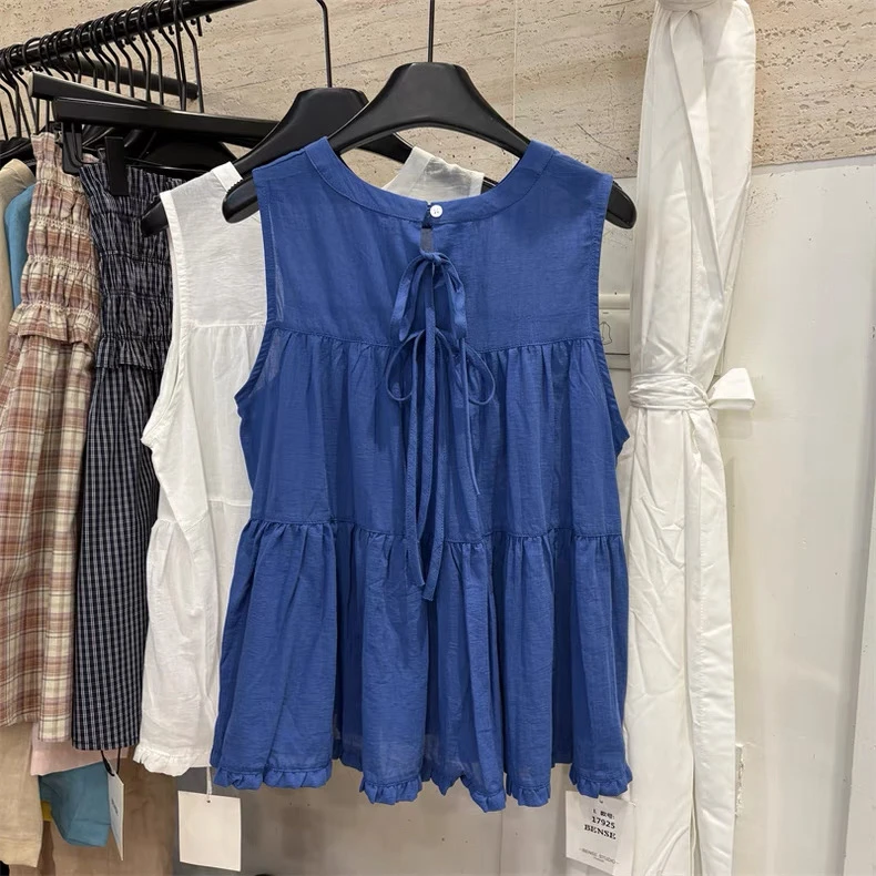 十三行韩系设计感木耳边下摆无袖小衫女夏新款圆领a字背心娃娃衫