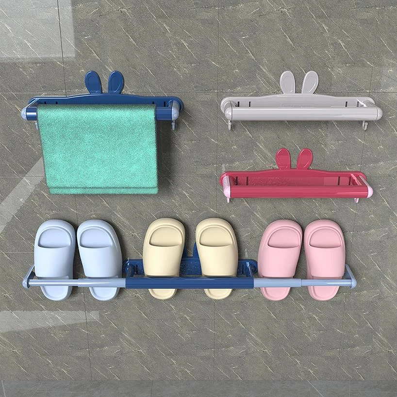 【兔耳拖鞋架】美个家伸缩免打孔浴室壁挂无痕卡通收纳架