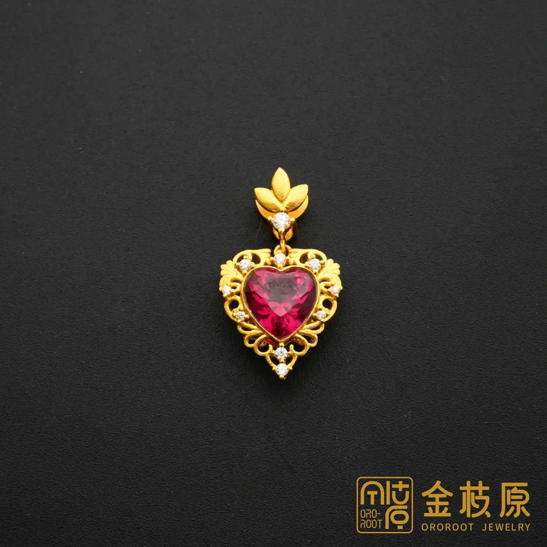 【金枝原】足金999  镂空红爱心吊坠
