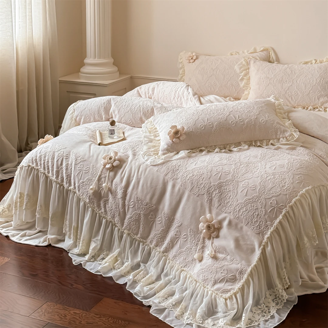 法式公主风牛奶绒保暖床上四件套床裙款少女心珊瑚绒被套床单床盖