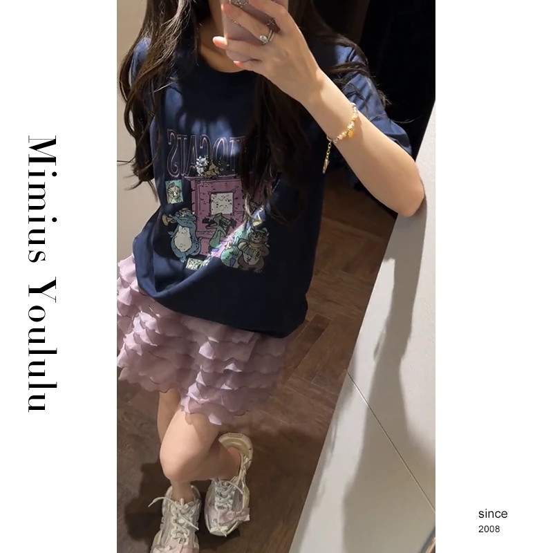 【mimius】婷婷 复古卡通印花宽松舒适休闲短袖T恤+蛋糕裙裤 G04224