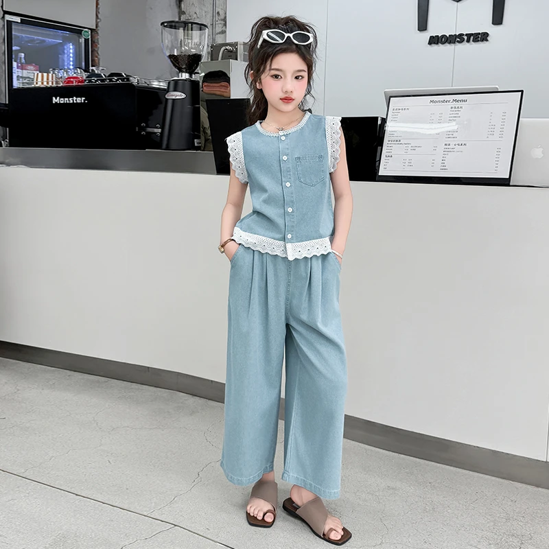 女童牛仔套装儿童阔腿裤两件套气质洋气时尚休闲夏季薄款韩版时髦