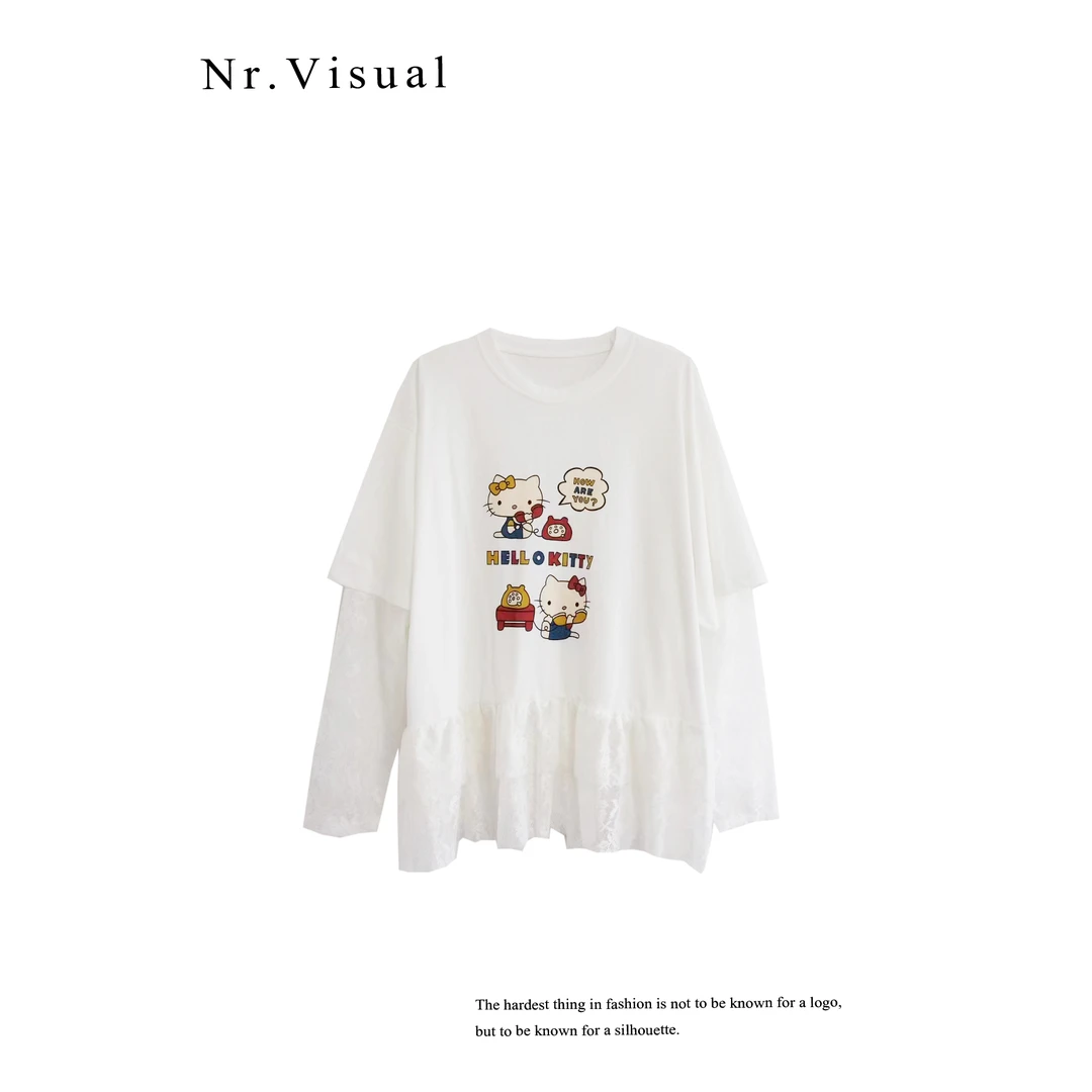 「小九NR」韩版卡通印花下摆蕾丝拼接时尚百搭休闲长袖T