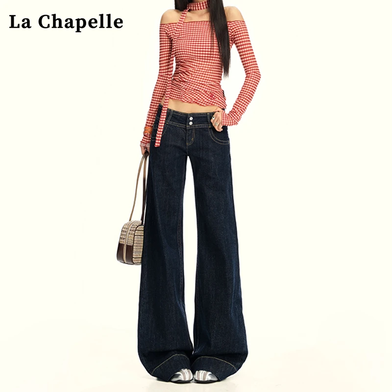 拉夏贝尔深色微喇牛仔裤女2025年新款宽松显瘦拖地马蹄喇叭裤子女