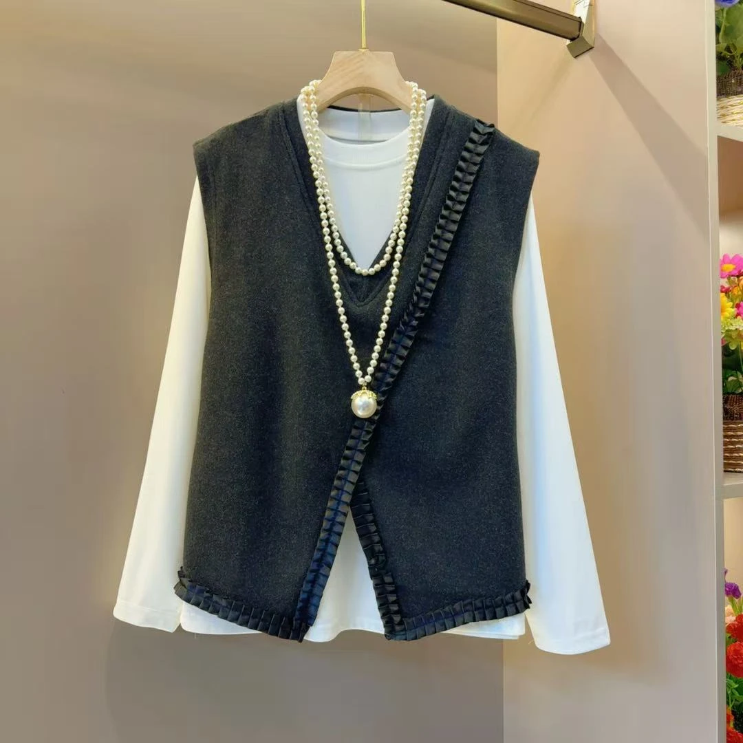 气质拼接富贵轻奢简约真两件小衫衣长62左右