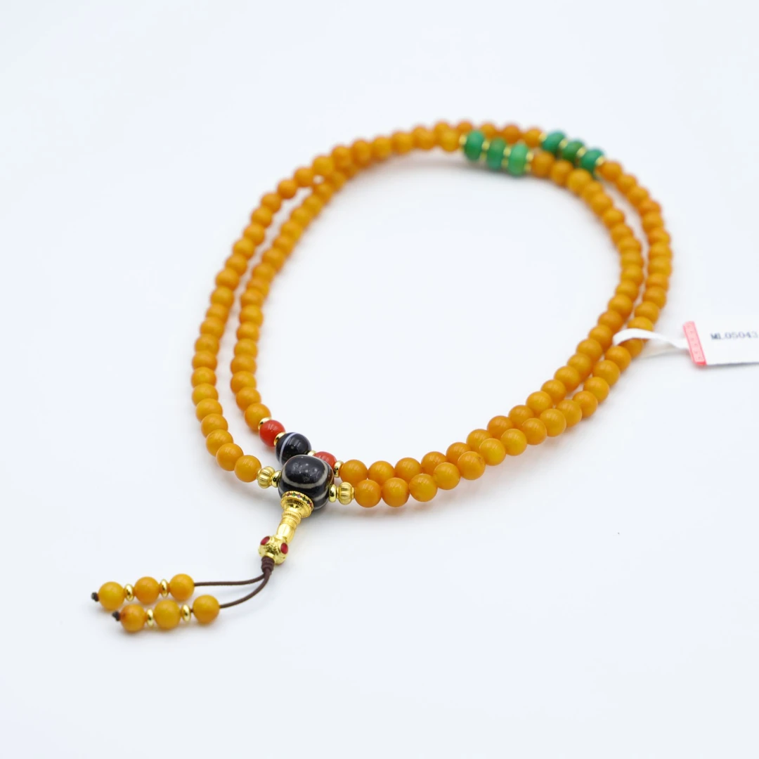 ML05043老蜜蜡 精品 玛瑙珠三通 108 长脖挂 药师福珀 -HD