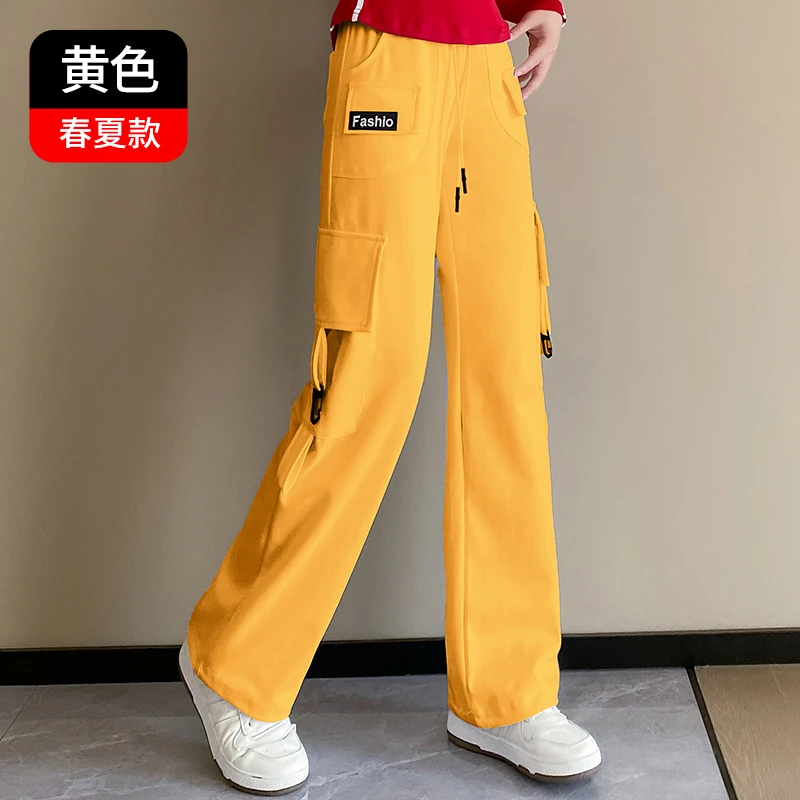 春秋工装裤健身运动团队跳操曳步舞裤子时尚广场舞服装女显瘦黄色