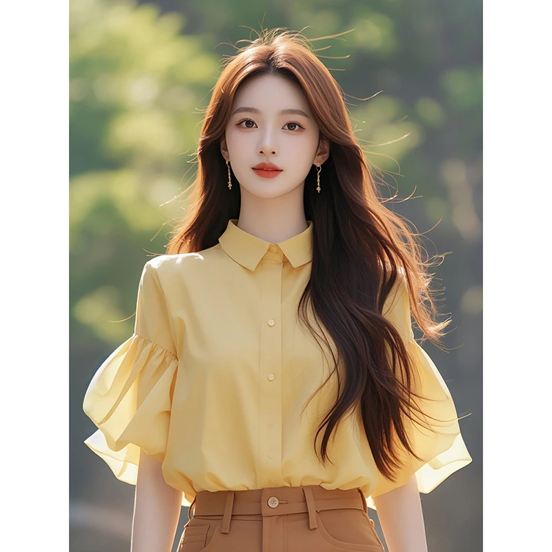 法式轻熟小众设计感别致独特绝美小衫甜美上衣多巴胺黄色衬衫夏季