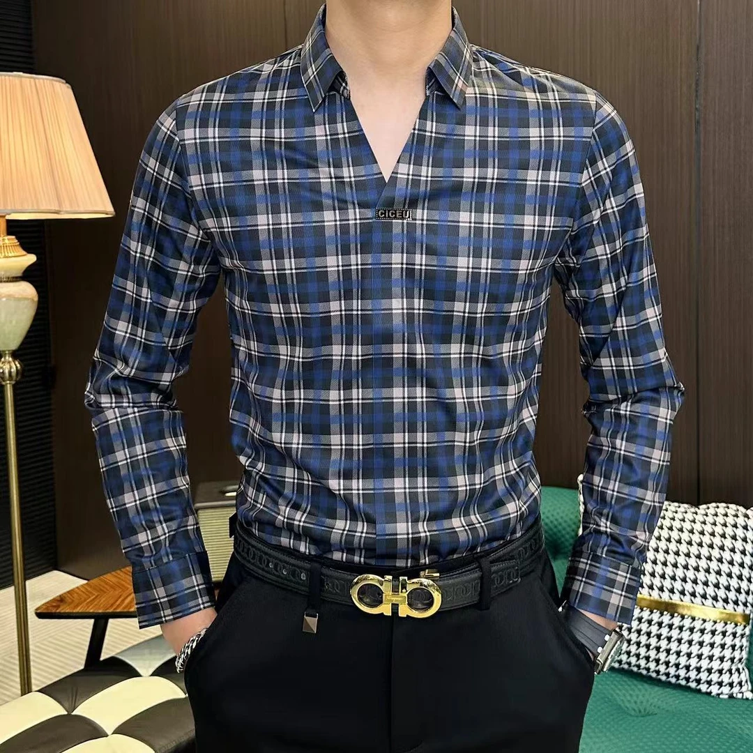 【娟娟男装】2025春款男士经典宫廷风图案 V领修身时尚长袖衬衫