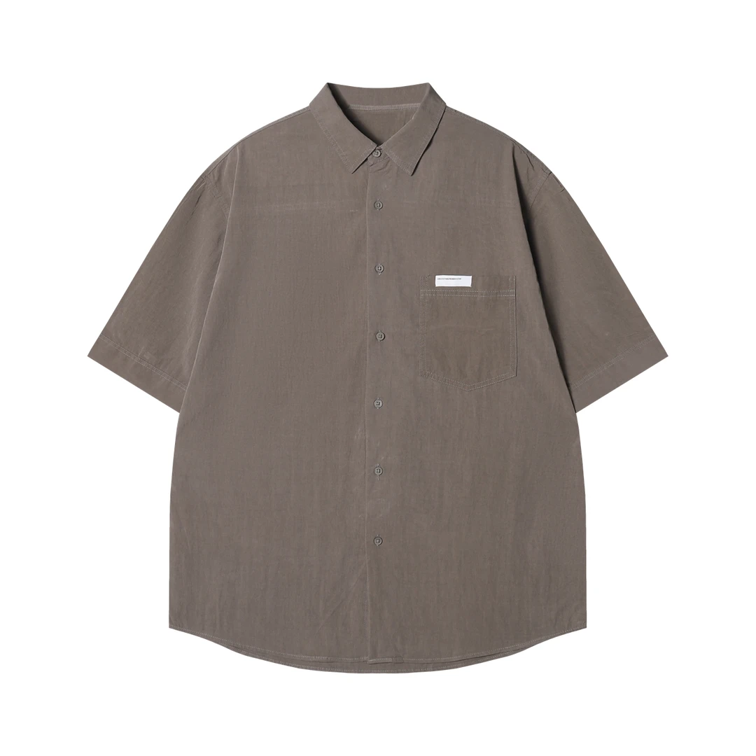 夏季高级感新款纯色口袋翻领短袖衬衫不规则设计百搭套头衬衣